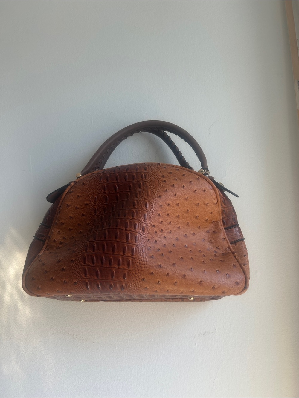 Brown Ostrich-Embossed vegan Leather Satchel Handbag